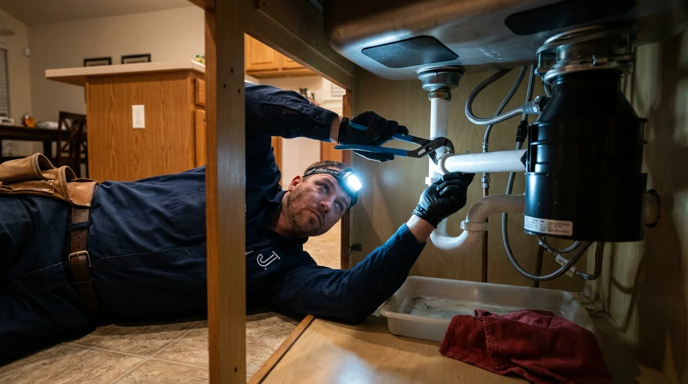 P-trap and supply line connections under a kitchen sink showing a common leak point in Shelton, WA